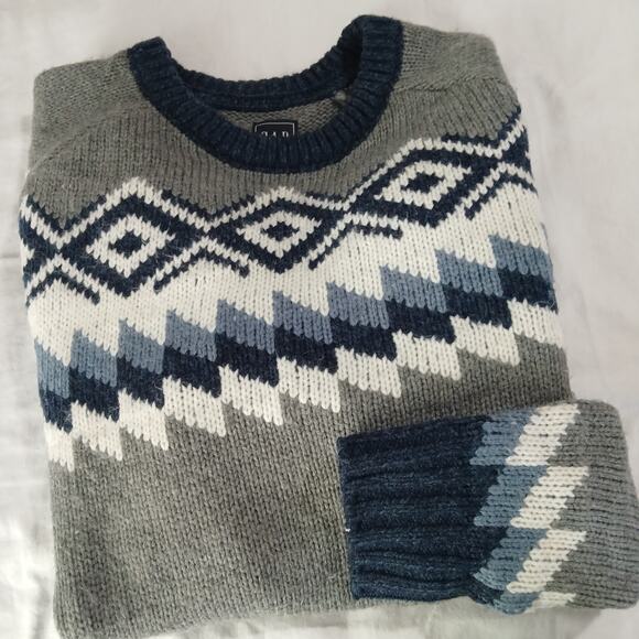 GAP Men's XL Fairisle Crew Heather Grey Acrylic/Wool Grey/Blue/White Sweater - Picture 3 of 10